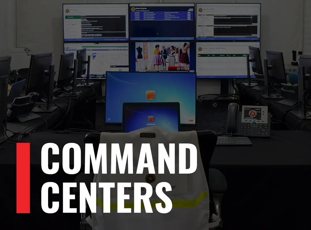 Image of desks and monitors with the words "Command Centers: