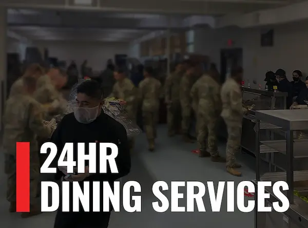 Image of workers eating in a cafeteria with the words "24HR Dining Services"