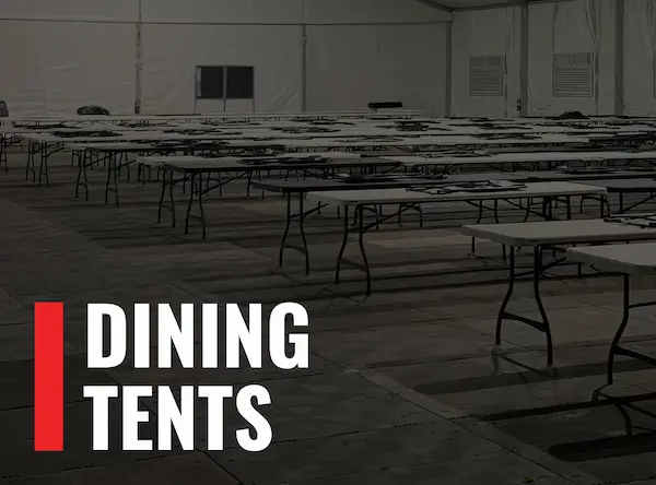Image of tables in a dining room with the words "Dining Tents"