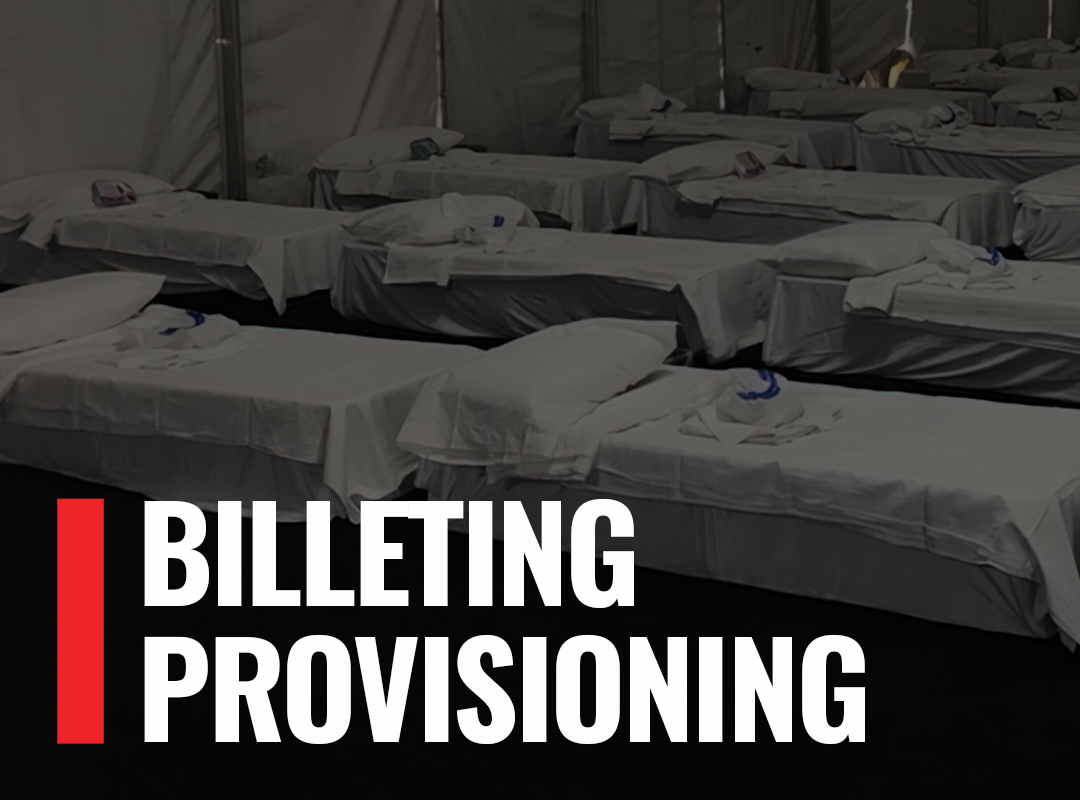 Image of rows of beds with the words "Billeting Provisioning"