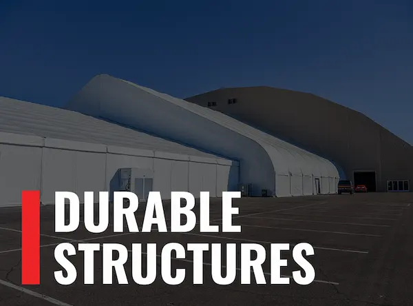 Image of a huge tent with the words "durable structures"