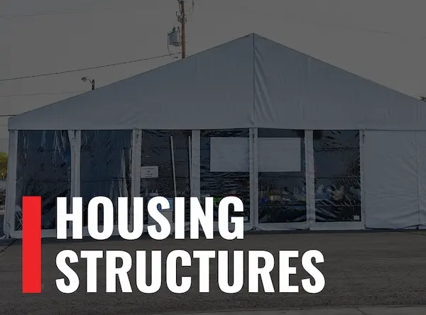 Image of a tent with the words "Housing Structures"