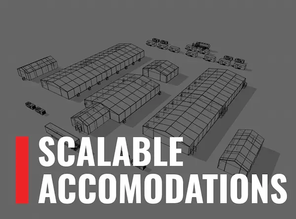 Image of tent plans with the words "Scalable Accommodations"
